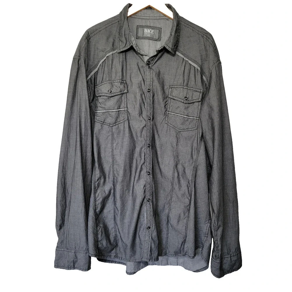 BKE Western Pearl Snap Gray Shirt Mens XXXL 100% Cotton Rockabilly Cowboy Office
